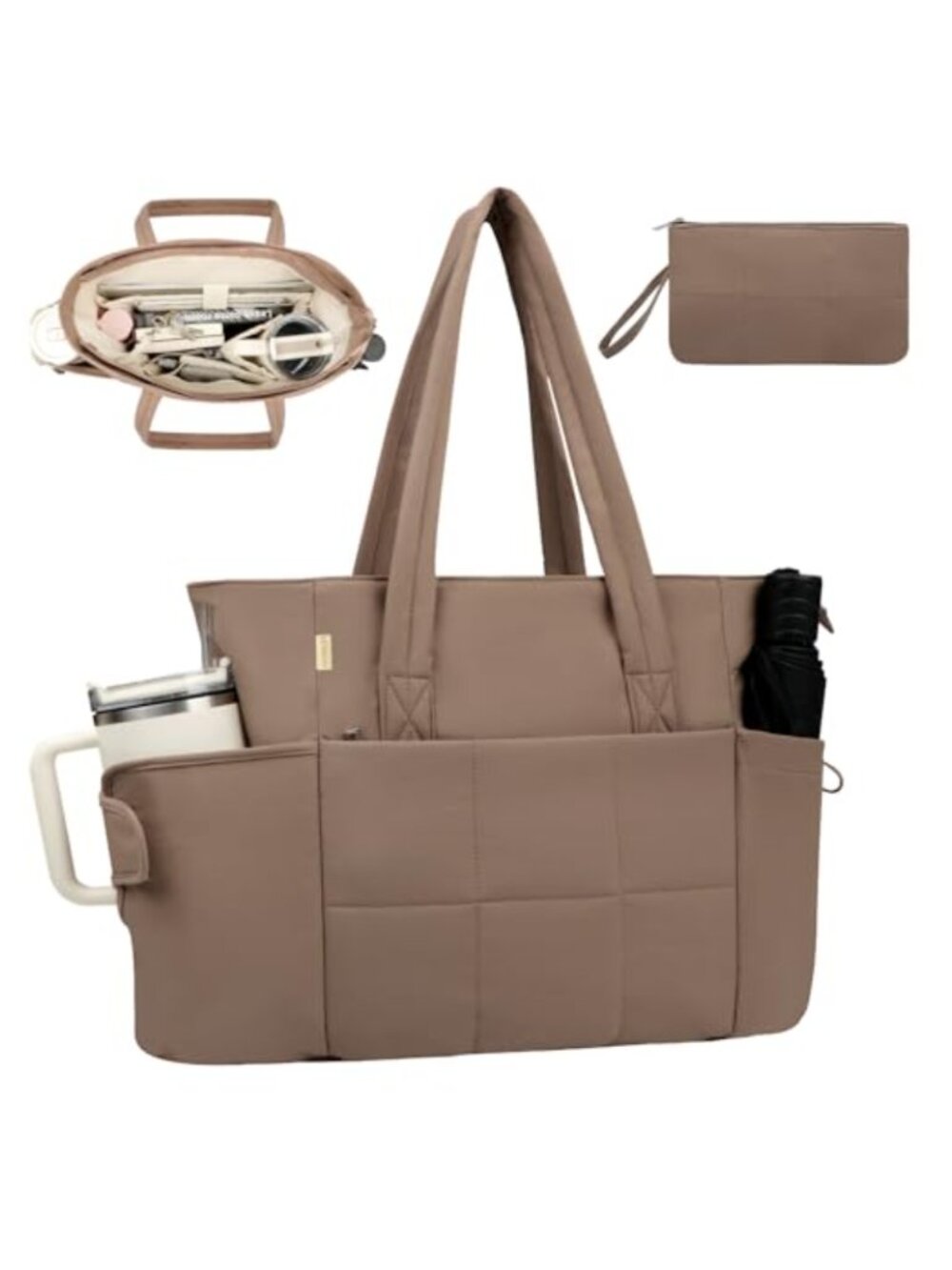 Puffer Tote Bag for 15.6 Inch Laptop with Cup Holder Clutch Purse